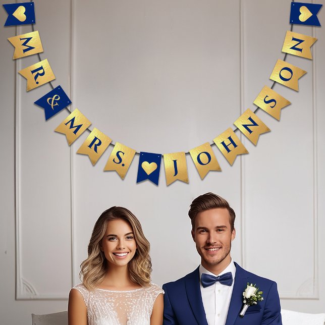 Banderines Boda Faux Gold Royal Blue Sr. y la Sra. Name Heart (Subido por el creador)