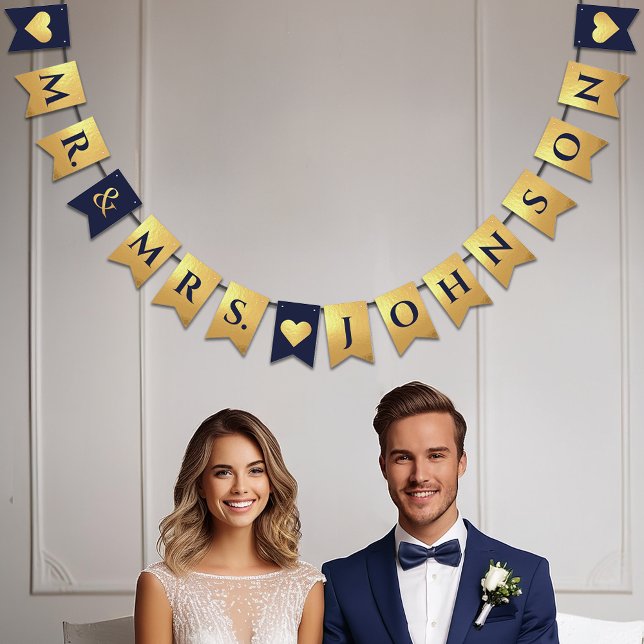 Banderines Boda Navy Blue Faux Gold Hearts Mr. y Mrs. Name (Subido por el creador)