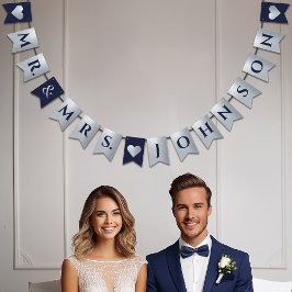 Banderines Boda Navy Blue Faux Silver Hearts Mr. y Mrs.