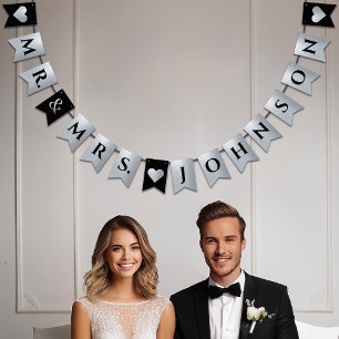 Banderines Boda Negro Faux Plata Corazones Sr. y Sra.