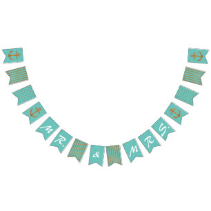 Banderines Bunting Aqua y Gold Nautical Boda