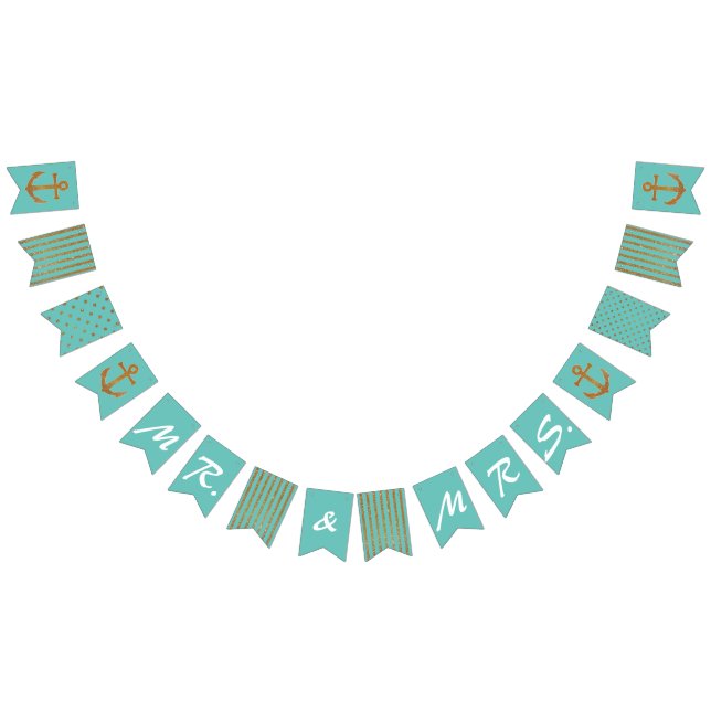 Banderines Bunting Aqua y Gold Nautical Boda (Todo)