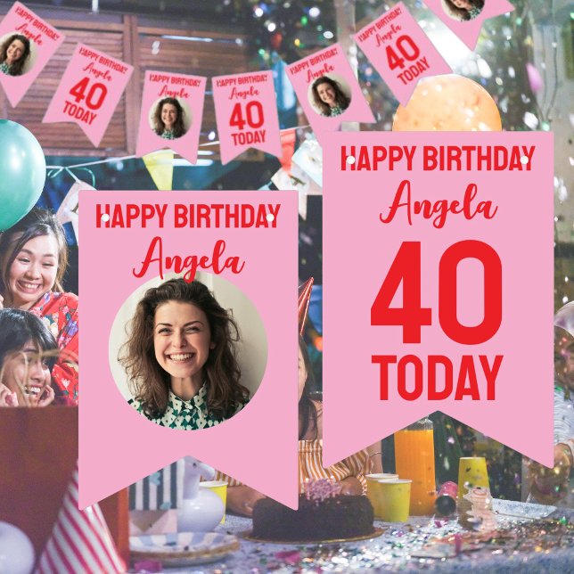 Banderines bunting personalizado de 40 años (custom 40th birthday bunting in pink and red with photo and happy birthday 40 and date)