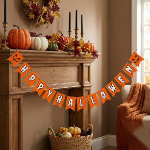 Banderines Calabaza Feliz Halloween Naranja Negra y Blanca