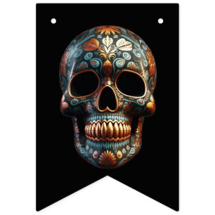 Banderines Calavera de Día de los Muertos con oro y turquesa