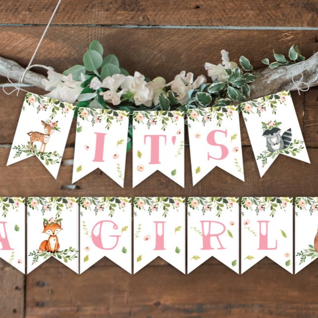 Banderines Cartel: es un Baby Shower Chica de Wood (IT'S A GIRL WOODLAND BANNER)