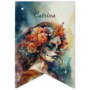 Banderines Catrina de acuarela Día de los Muertos Calavera de