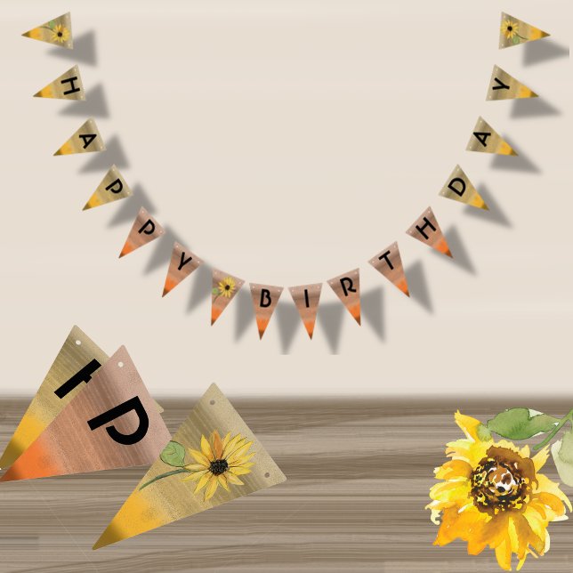 Banderines Chica de acuarela de girasol Cumpleaños (Sunflower Watercolor Girl Birthday Bunting Flags)