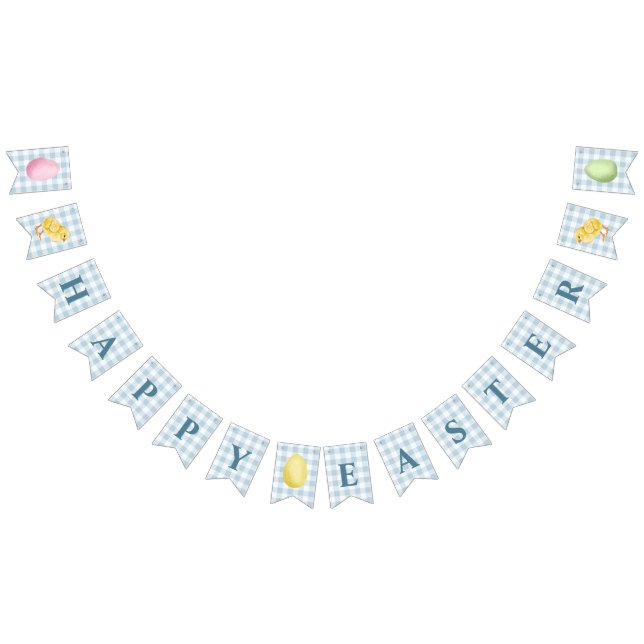 Banderines Chick And Pastel Eggs Happy Easter Blue Gingham (Todo)