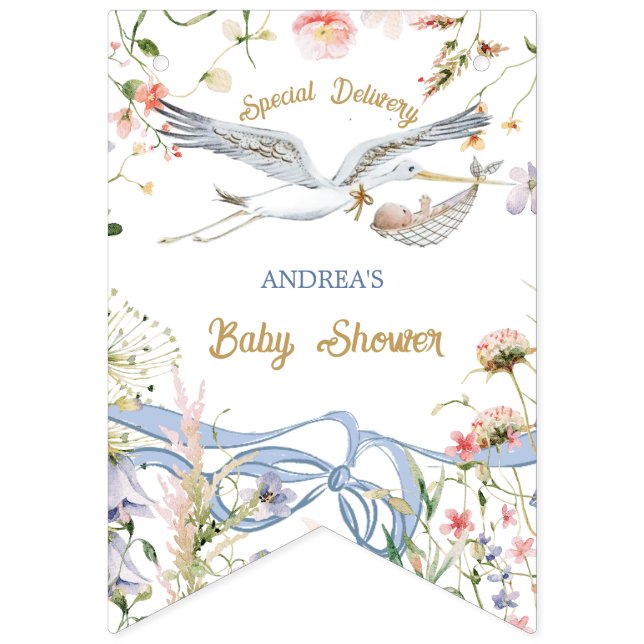 Banderines Cinta Stork Wildflower y Baby Shower Bow (Primera bandera)