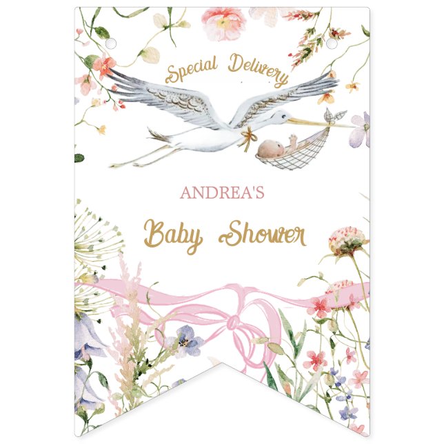 Banderines Cinta Stork Wildflower y Baby Shower Bow (Primera bandera)