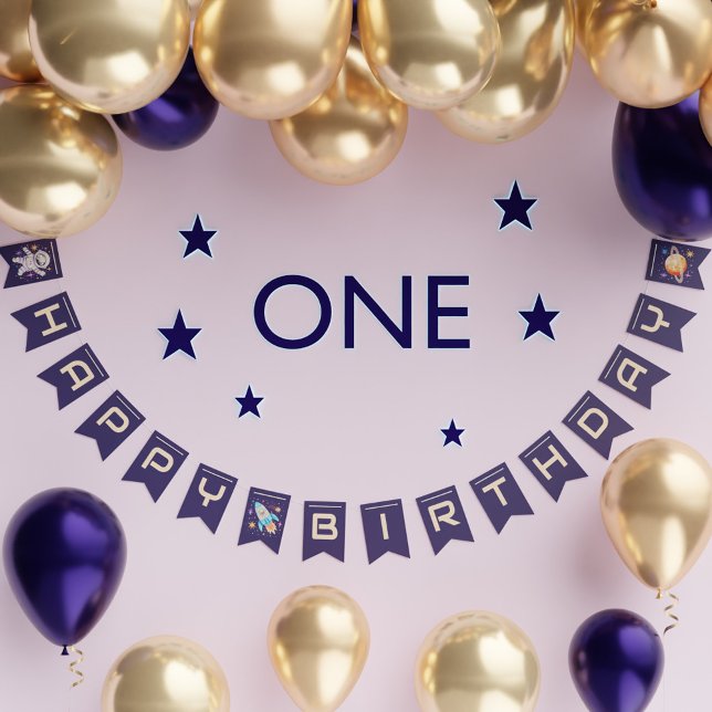 Banderines Cohetes astronautas del espacio exterior y cumplea (Outer Space Astronaut Rocket & Planet Birthday Bunting Flags)