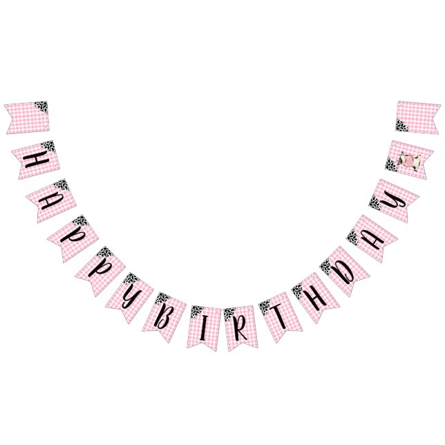 Banderines Cow Print Pink Gingham Happy Birthday Banner (Todo)