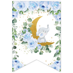 Banderines Creciente Lunar Azul Floral de Elefante Baby Showe