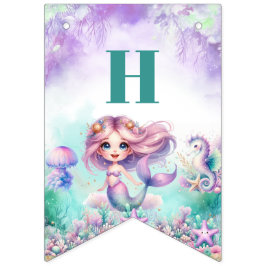 Banderines Cuidada acuarela púrpura y cumpleaños de sirena ve