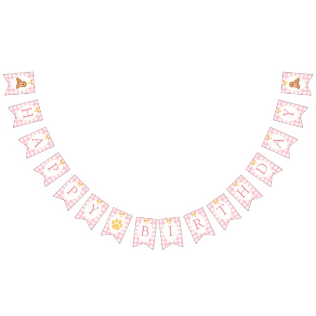 Banderines Cumpleaños de Golden Doodle con gingham rosa (Todo)