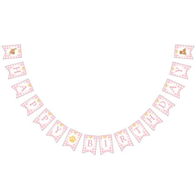 Banderines Cumpleaños de Golden Retriever con Gingham Rosa (Todo)