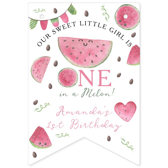 Banderines Cumpleaños de Uno en un Melón Niña Sandía Linda (Primera bandera)