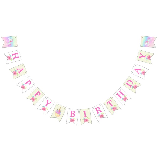 Banderines Cumpleaños del Chica Unicornio mágico arcoíris flo (Todo)