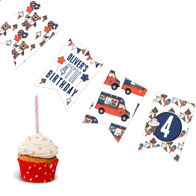 Banderines Cumpleaños del oso Crema de Hielo Rojo Blanco y Az (Birthday Banner for Summer Red White and Blue Birthday)