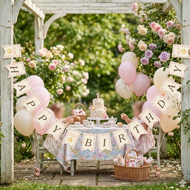 Banderines Cumpleaños Feliz con Lazo y Sol de Fresa (Bow & Strawberry Sun Happy Birthday Bunting Flags)