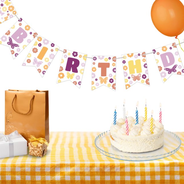 Banderines Cumpleaños feliz de la mariposa retro (Butterfly HAPPY BIRTHDAY Banner for Girls Birthday)