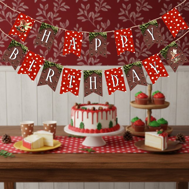 Banderines Cumpleaños Feliz Hongo Lunares Hada del Bosque (Red and White Polka Dot Whimsical Fairy Ladybug Happy Birthday Bunting Banner)