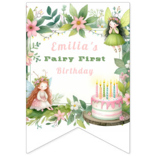Banderines Cumpleaños número uno de Hada de Pastel Verde -