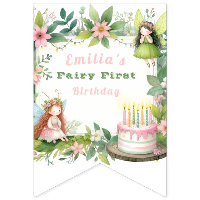 Banderines Cumpleaños número uno de Hada de Pastel Verde - (Primera bandera)