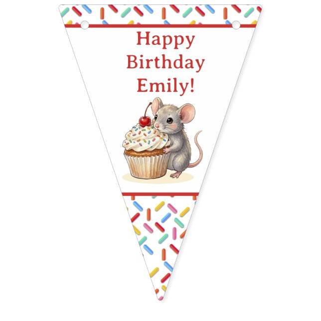 Banderines Cumpleaños personalizado de Ratón y Cupcake Lindo (Primera bandera)