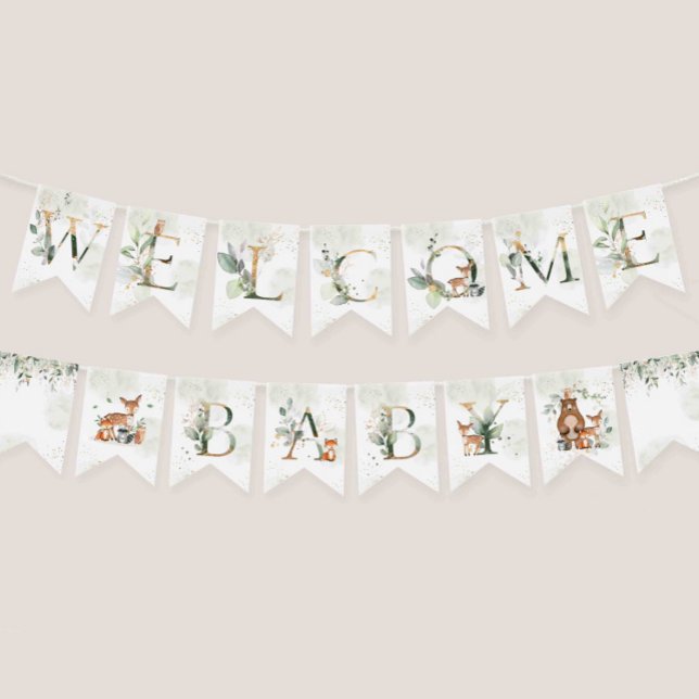 Banderines Decoraciones de Baby Shower de animales de bosque  (Greenery woodland baby shower Welcome baby bunting flag)