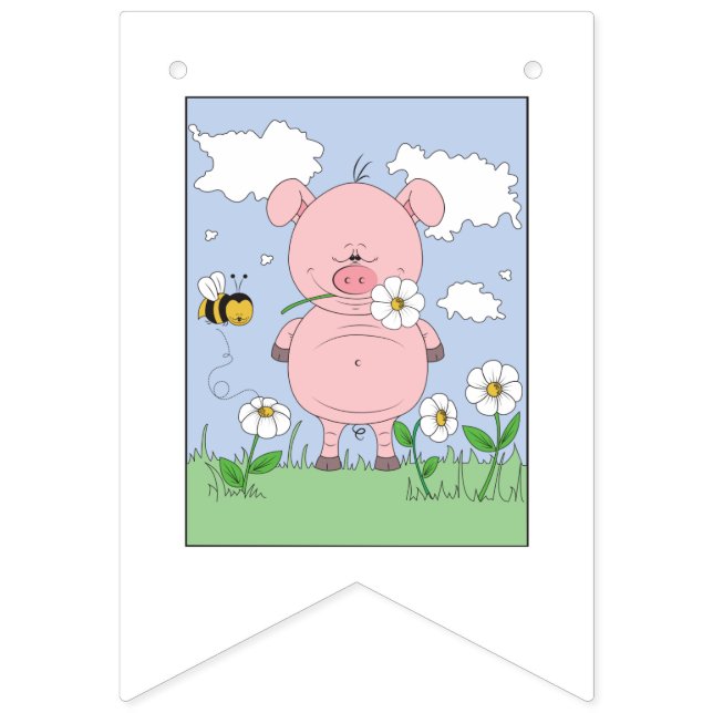Banderines Dibujo animado rosado alegre del cerdo (Primera bandera)