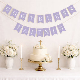 Banderines Dios Bendiga Lavanda 6 Letras Bautismo Comunión