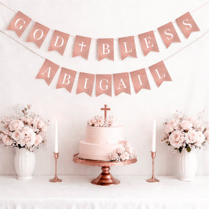 Banderines Dios Bendiga Niña 7 Letras Bautizo Rosa Dorado