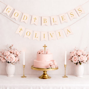 Banderines Dios bendiga Pink & Gold 6 Letras Bautizo Primera 