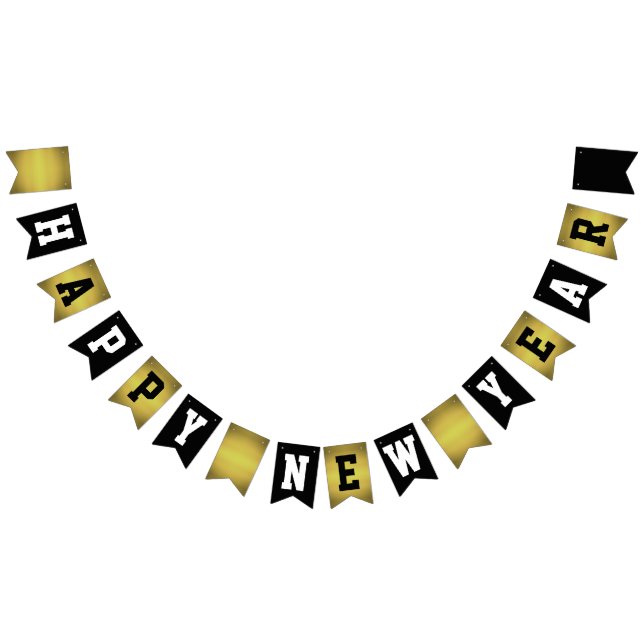 Banderines Elegante Faux Gold y Black Happy Año Nuevo (Todo)