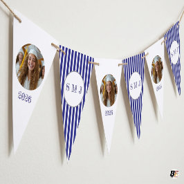 Banderines Elegante Monograma de Rayas Azules Marinos y Foto