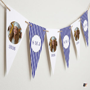 Banderines Elegante Monograma de Rayas Azules Marinos y Foto 
