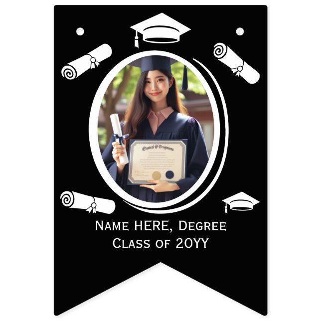 Banderines Elegante negro, tapón blanco de graduación fotográ (Primera bandera)