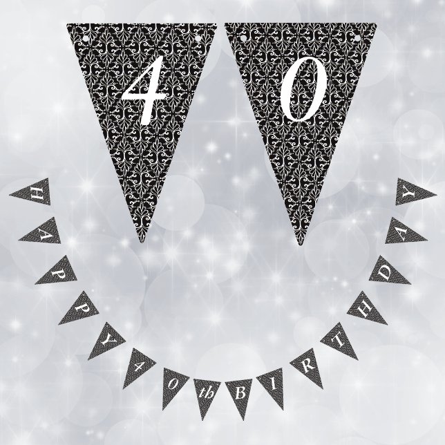 Banderines Elegante y elegante Damasco de cumpleaños blanco n (Elegant damask pattern with scrolls black and white on Happy Birthday bunting flag party banner.)