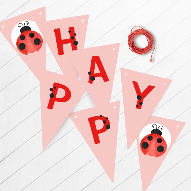 Banderines Estandarte de Cumpleaños Feliz Mariquita Señora (Ladybug Happy Birthday Hanging Banner in Red, Black, White and Salmon Pink)