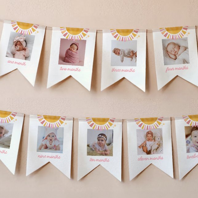 Banderines Estandarte de foto de cumpleaños 1º Boho Sol Rosa (Subido por el creador)