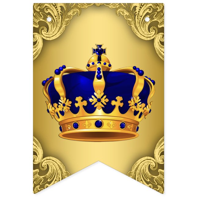 Banderines Fancy Royal Blue Gold Prince Crown Baby Shower (Primera bandera)