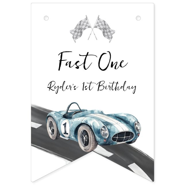 Banderines Fast One Race Car First Birthday (Primera bandera)