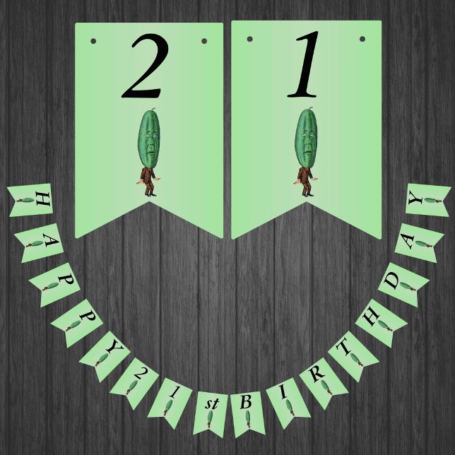 Banderines Feliz 21 de cumpleaños Divertido hombre verde (Funny man with big green pickle head with face in brown suit on green Happy Birthday flag banner.)