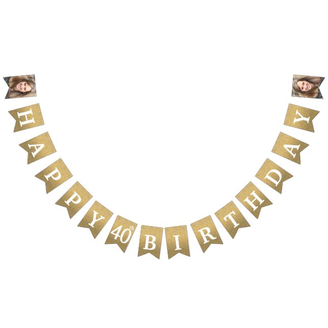 Banderines Feliz 40 cumpleaños, foto Purpurina de oro (Todo)