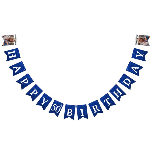 Banderines Feliz 50 cumpleaños foto Purpurina azul (Todo)