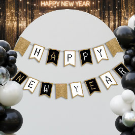 Banderines Feliz Año Nuevo Purpurina Blanco Negro y Oro