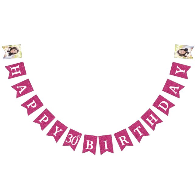 Banderines Feliz cumpleaños 30 Foto Brillo Rosa Caliente (Todo)