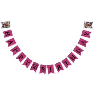 Banderines Feliz cumpleaños 50 Foto Brillo Rosa Caliente
